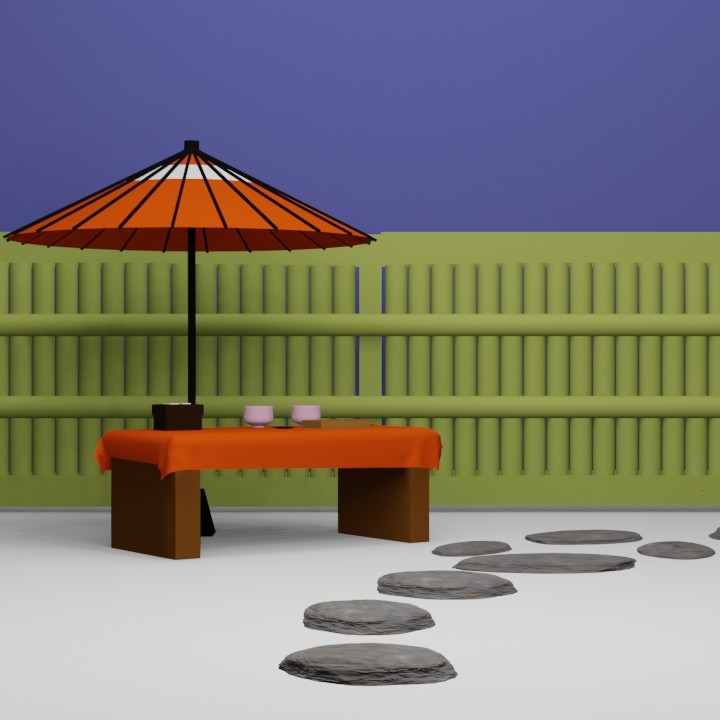 脱出ゲーム「庵」の[庭１]の様子（赤い布がかけられた長椅子と和傘がある庭）