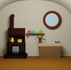 脱出ゲーム「いつもの日々」の部屋1(暖炉やソファ、流し台がある部屋)