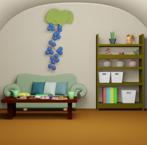 脱出ゲーム「いつもの日々」の部屋3(ソファや本棚や絵日記が置かれた棚がある部屋)