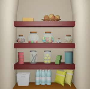 脱出ゲーム「いつもの日々」のパントリー(ガラス瓶やお菓子、缶が並んだ棚がある部屋