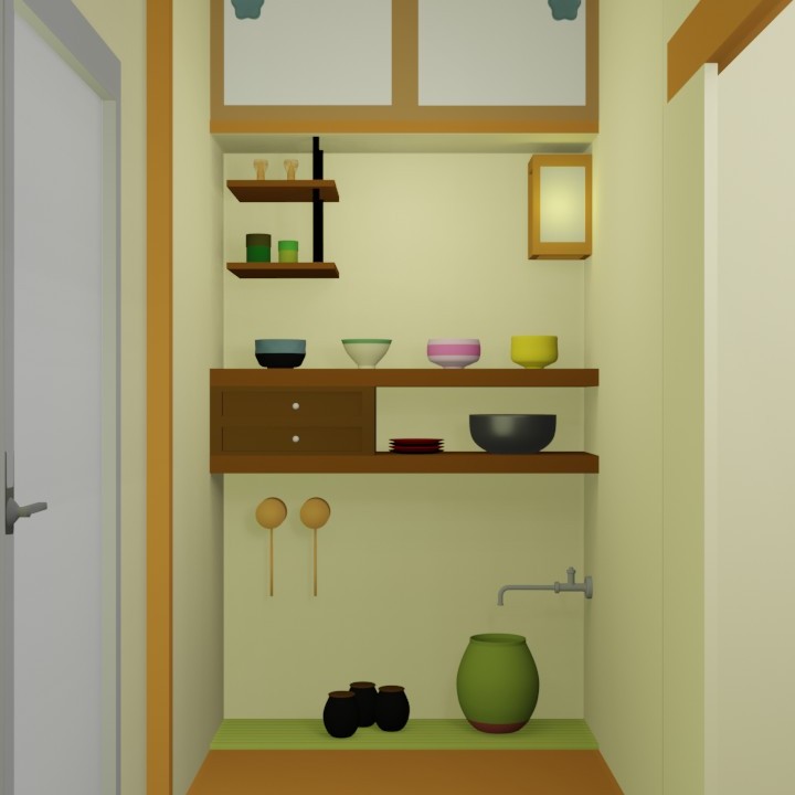 脱出ゲーム「庵」の[水屋]の様子（水道の蛇口、抹茶茶碗、棚に積まれた茶托がある場所）