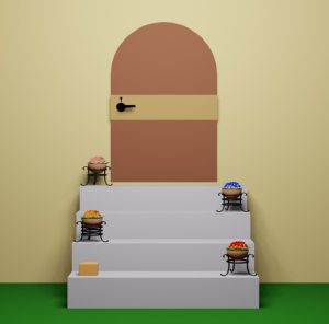 脱出ゲーム「いつもの日々」の庭1(白い階段と茶色いドアがあるスタート地点の庭)