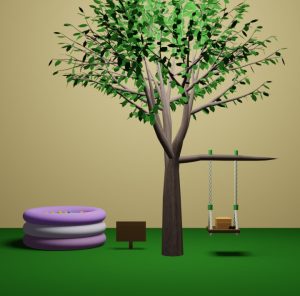 脱出ゲーム「いつもの日々」の庭2(木に吊るされたブランコとビニールプールがある庭)