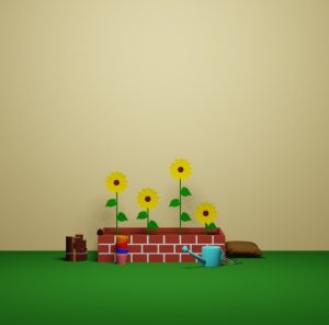 脱出ゲーム「いつもの日々」の庭3(ヒマワリの花壇と植木鉢が積まれた庭とじょうろに付いた鍵の画像)