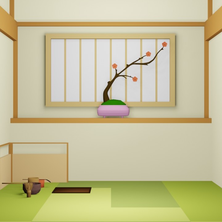 脱出ゲーム「庵」の[部屋１]の様子（和室、正面に襖と右側に屏風がある部屋）