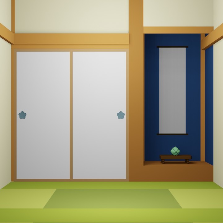 脱出ゲーム「庵」の[部屋２]の様子（床の間、香炉、左右に襖がある部屋）