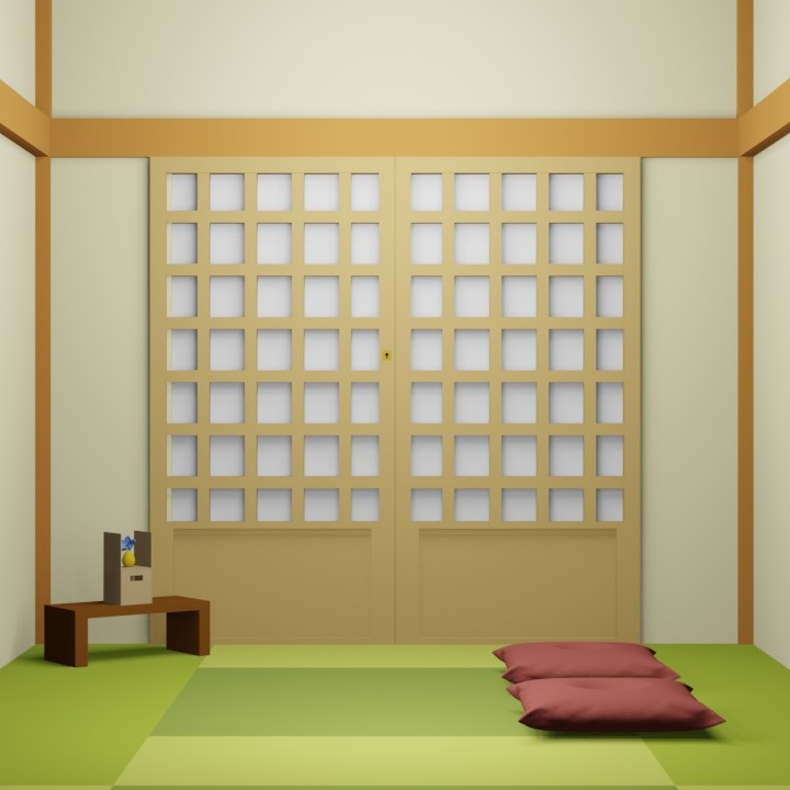 脱出ゲーム「庵」の[部屋３]の様子（左側に小物入れ、正面に障子戸がある部屋）