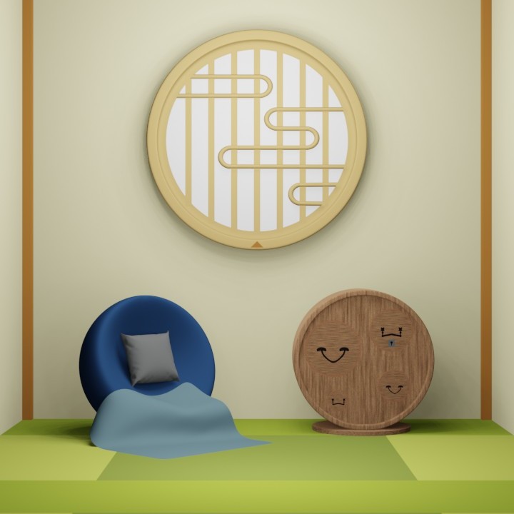 脱出ゲーム「庵」の[２階部屋１]の様子（丸いソファ、丸い箪笥、丸い障子窓がある部屋）
