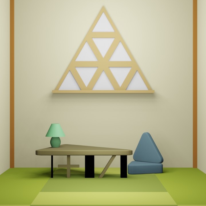 脱出ゲーム「庵」の[２階部屋２]の様子（机、薄緑色のランプ、三角の座椅子がある部屋）
