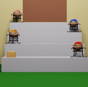 脱出ゲーム「いつもの日々」攻略：庭１の階段に置かれた花の色とポットスタンドの画像