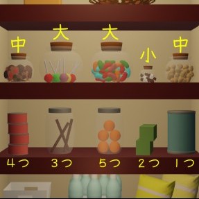 脱出ゲーム「いつもの日々」攻略:パントリーの棚にあるガラス瓶の大きさと数のヒント