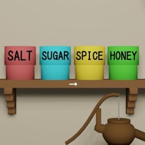 脱出ゲーム「いつもの日々」攻略：部屋1の棚に並んだアルファベット缶「SALT・SUGAR・SPICE・HONEY」