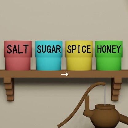 脱出ゲーム「いつもの日々」攻略:部屋1の棚に並んだアルファベット缶「SALT・SUGAR・SPICE・HONEY」