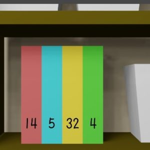 脱出ゲーム「いつもの日々」攻略：部屋3の本棚にあるカラーと数字が付いた4冊の本のヒント